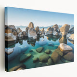 Lake Tahoe landscape on stretched canvas, featuring deep blue and green tones, ideal for kitchen wall art.