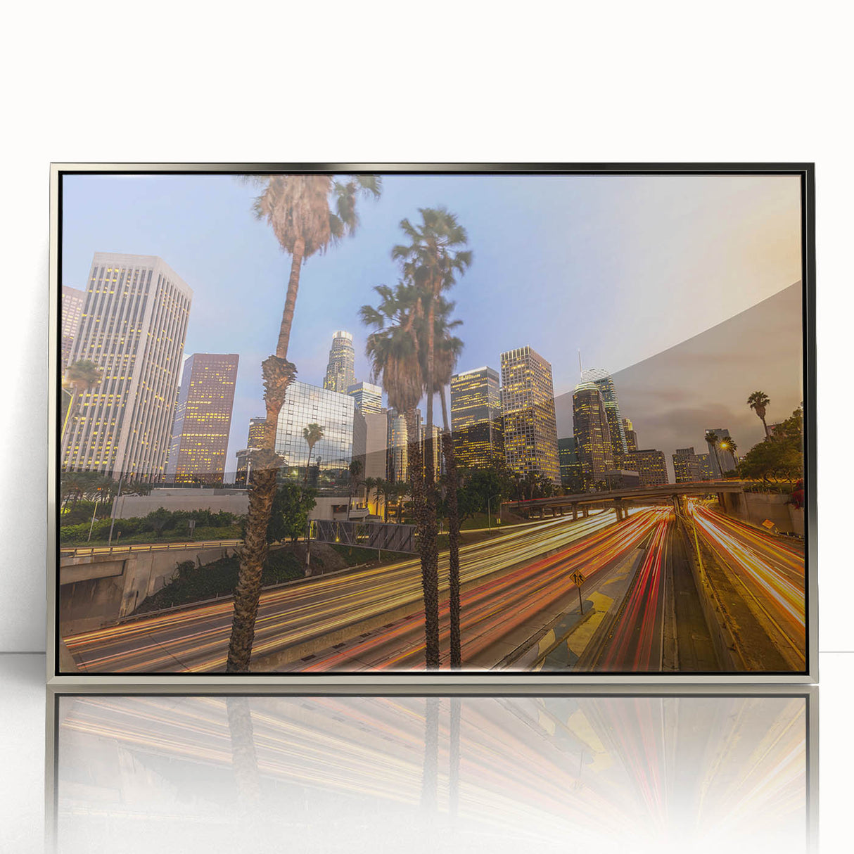 Mid-century modernist art of Los Angeles skyline in muted blue tones, framed acrylic, ideal for modern art wall decor.