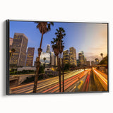 Black and white wall art of Los Angeles landscape on framed canvas, suitable for bedroom decor.