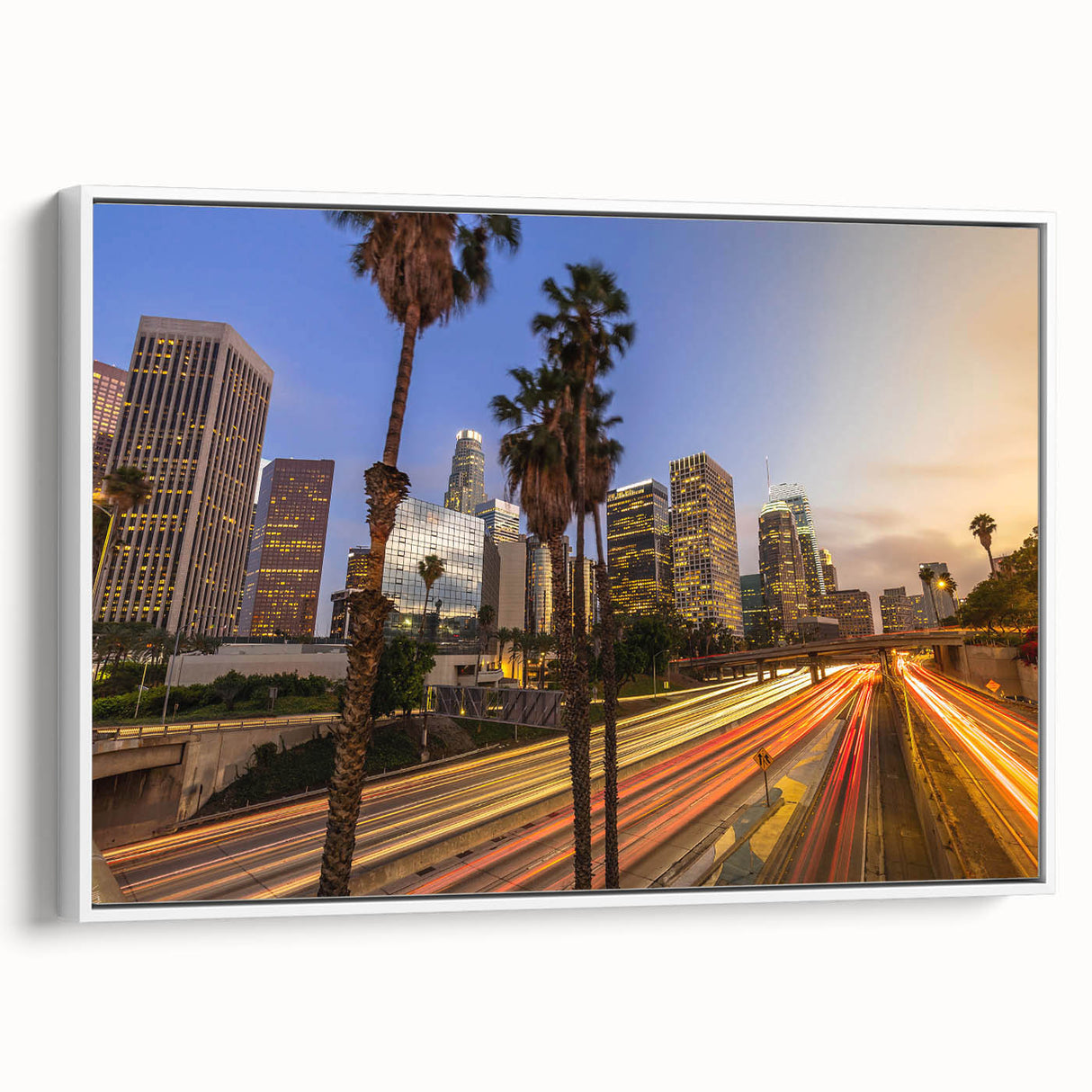 Vintage poster art of Los Angeles skyline in vibrant colors on a large framed canvas, ideal for living room decor.