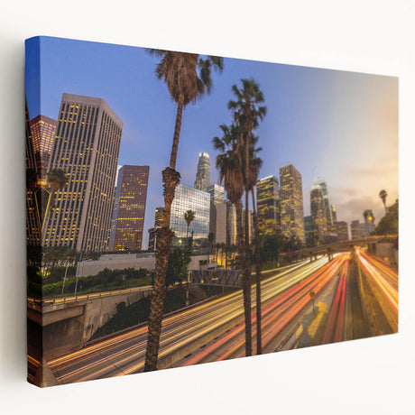 Los Angeles cityscape in muted gray tones on stretched canvas, ideal for kitchen wall art.