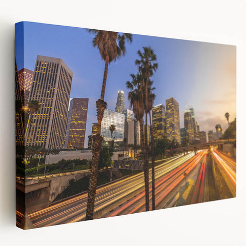 Los Angeles cityscape in muted gray tones on stretched canvas, ideal for kitchen wall art.