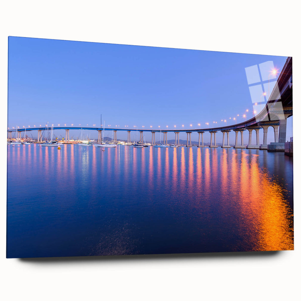 Large abstract wall art depicting the San Diego skyline in muted blue and gray tones on acrylic glass.