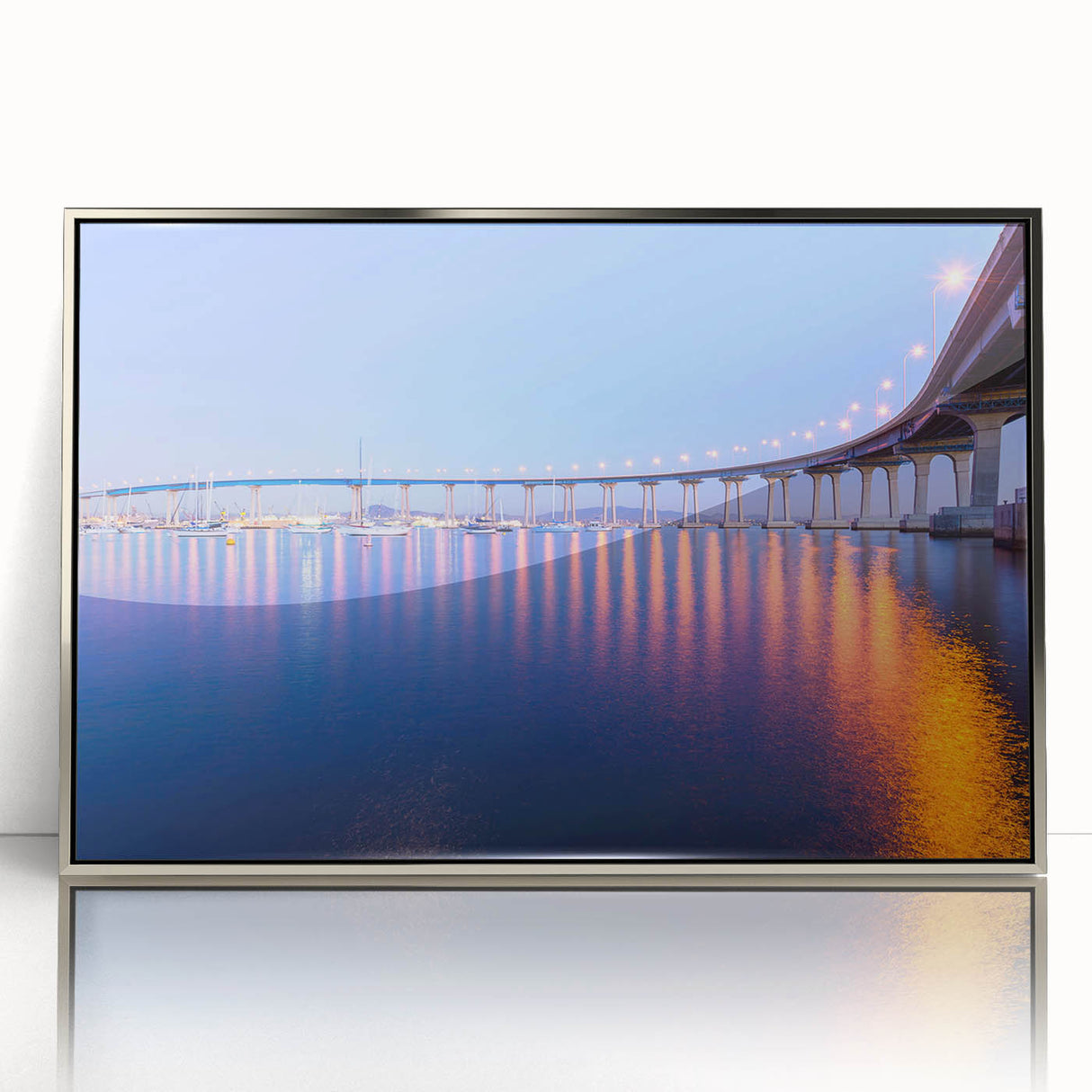 Mid-century modernist art of San Diego skyline in muted blue and silver hues on a framed acrylic print.
