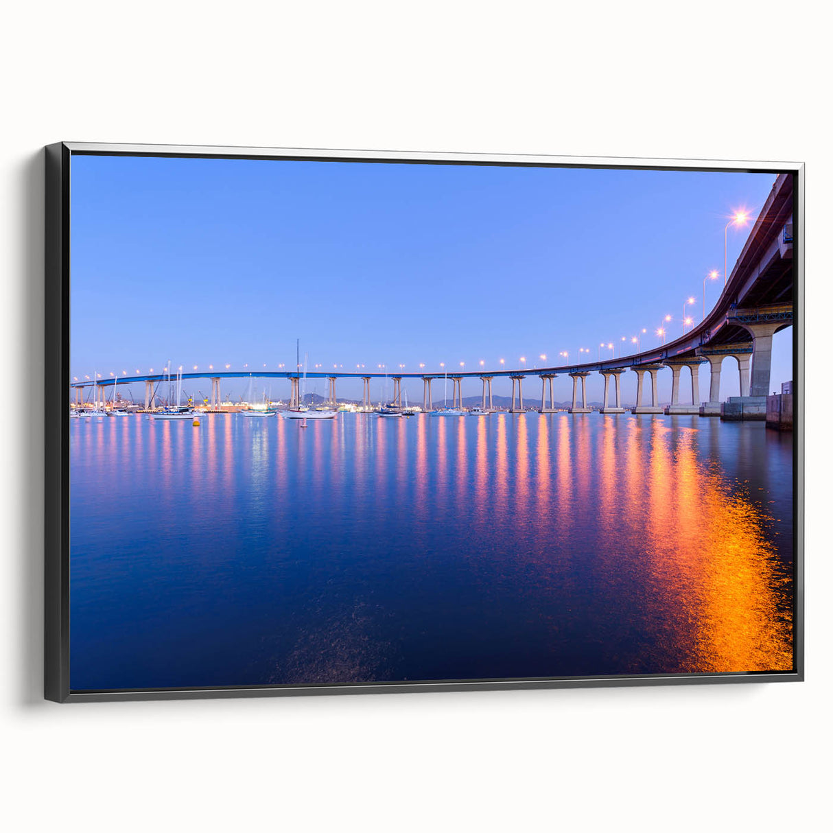 Black and white wall art of San Diego landscape on framed canvas, ideal for bedroom decor.