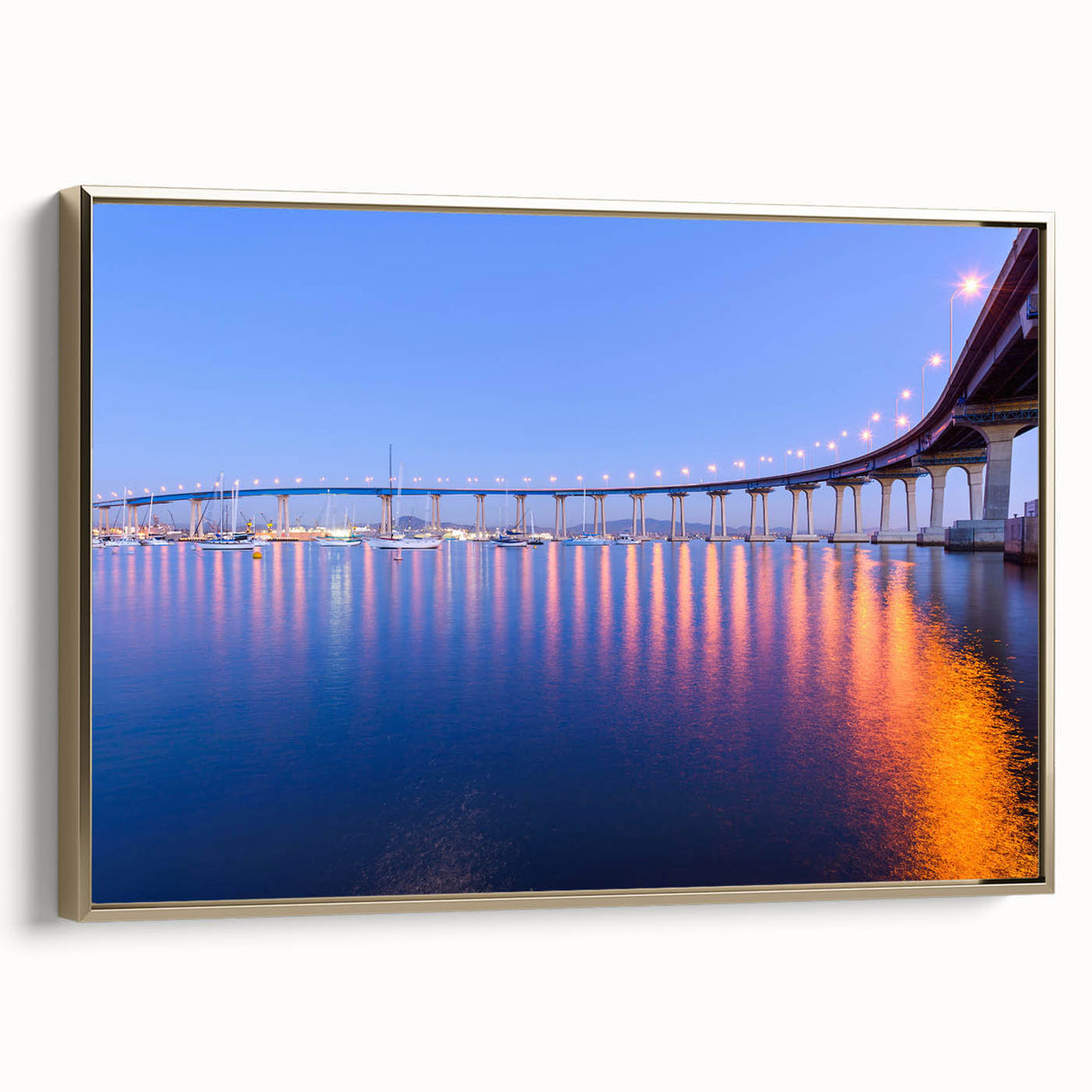 Framed canvas depicting vintage-style San Diego landscape in black and gold tones, ideal for bedroom wall art.