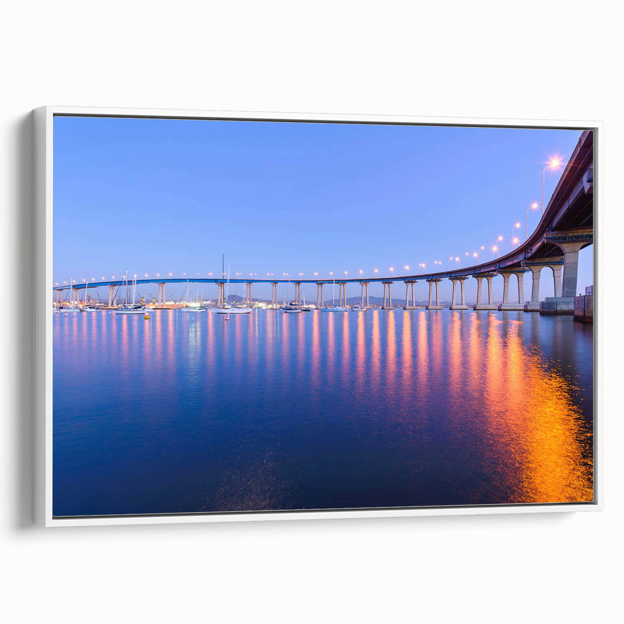 Vintage poster art of San Diego scenery on extra large framed canvas, featuring colorful art on a black background.