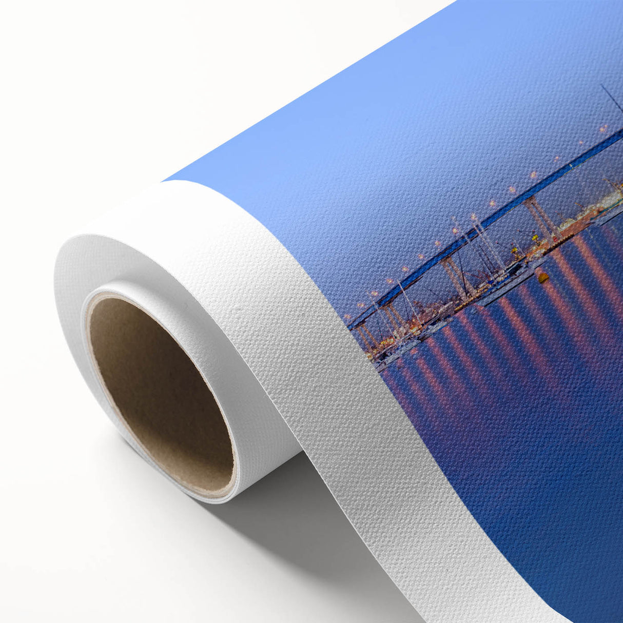 Art deco style poster of San Diego skyline in muted pastel hues on rolled canvas, ideal for nursery wall art.