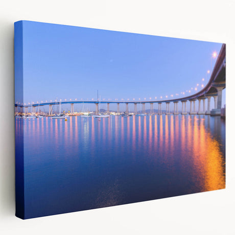 San Diego skyline depicted in muted blue and gray tones on a large stretched canvas, suitable for kitchen wall art.