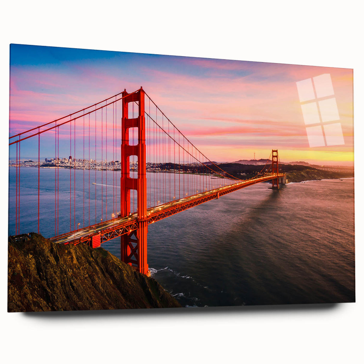 Acrylic print of San Francisco skyline in muted blue and gray tones, suitable for bedroom or dining room decor.