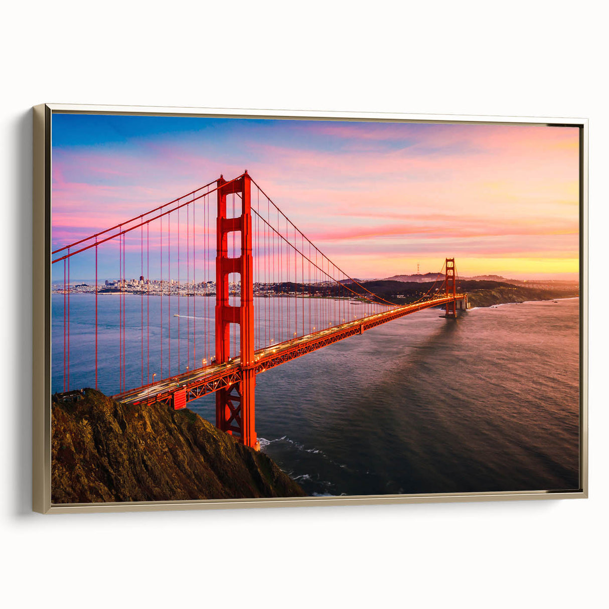 Framed canvas featuring a vintage-style San Francisco landscape in black and gold tones, ideal for bedroom wall art.