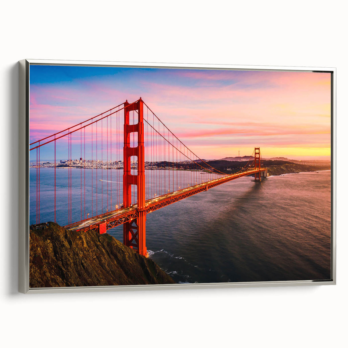 Framed canvas of a vintage-style San Francisco landscape with colorful art on a black background.