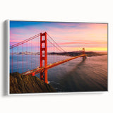 Vintage poster art of San Francisco skyline in vibrant colors on a framed canvas, ideal for living room decor.
