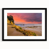 Extra large abstract art print of vibrant, colorful Santa Barbara scenery on textured canvas, framed in black.
