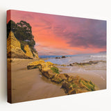 Santa Barbara coastline depicted in muted earth tones on a large stretched canvas, suitable for kitchen wall art.