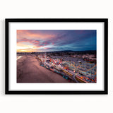 Extra large abstract art print featuring a textured, colorful depiction of Santa Cruz, framed in black.