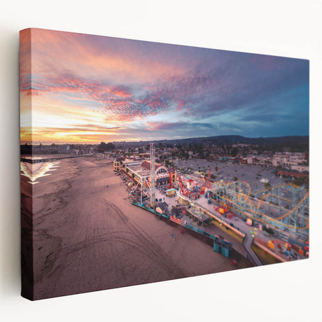 Large art depicting Santa Cruz, California scenery on stretched canvas, featuring muted ocean and sky tones.