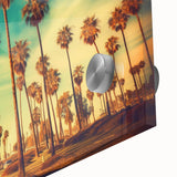 Large abstract wall art depicting the Santa Monica skyline in muted blue tones on acrylic glass.