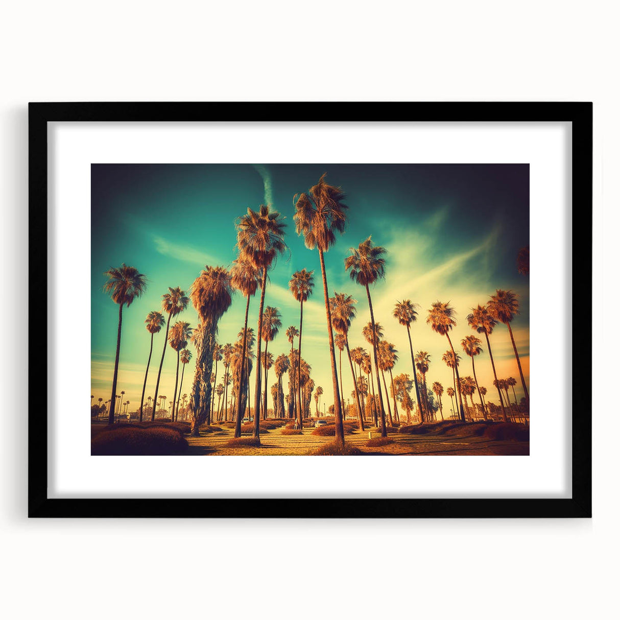 Extra large abstract art print of colorful, textured Santa Monica scenery on a black framed canvas.