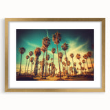 Extra large abstract art print of Santa Monica in textured style, with gold frame, suited for living room decor.