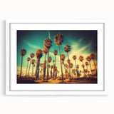 Abstract art print of Santa Monica scenery in muted blue and beige tones, framed with a white mat.