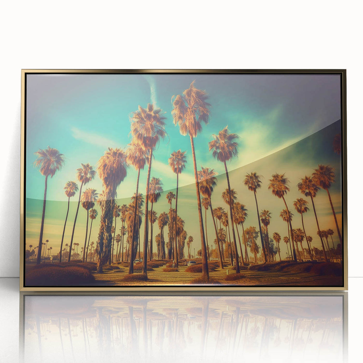 Mid-century modernist Santa Monica scenery in gold tones on a framed acrylic, ideal for modern art wall decor.
