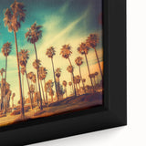 Close-up of extra large framed canvas featuring a textured depiction of Santa Monica with black and colorful art elements.
