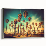 Landscape art painting of Santa Monica on framed canvas, featuring a vintage poster style with colorful and black elements.