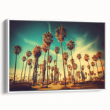 Vintage poster art of Santa Monica in colorful tones on extra large framed canvas, ideal for living room decor.
