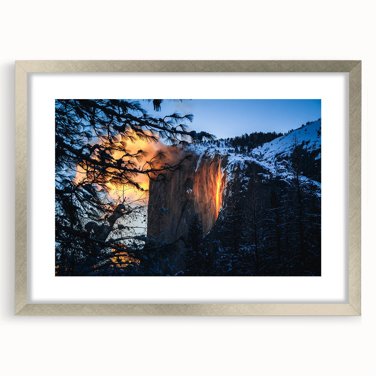 Textured art print of Yosemite scenery in muted earth tones on a framed silver mat, ideal for bedroom wall decor.
