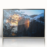 Framed acrylic print of Yosemite landscape in mid-century modernist style, featuring muted earth tones.