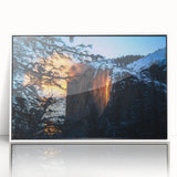 Acrylic print of Yosemite landscape in muted earth tones, framed in white, suitable for modern art wall decor or nursery.