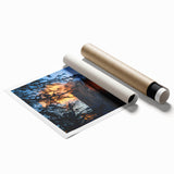 Extra large rolled print of Yosemite scenery with floral elements in soft green and blue tones.