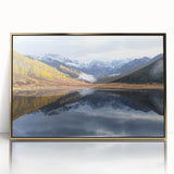 Mid-century modernist acrylic print of Vail, Colorado scenery in golden hues, framed, ideal for modern art wall décor.