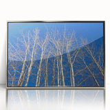 Mid-century modernist art of Aspen, Colorado scenery in muted earth tones on a framed acrylic print.