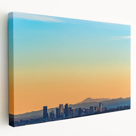 Denver skyline depicted in muted earth tones on a large stretched canvas, suitable for kitchen wall art.