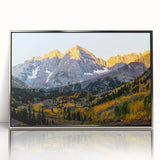 Mid-century modernist art of Rocky Mountains in muted earth tones on a framed acrylic, suitable for nursery wall decor.