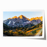 Rocky Mountains landscape print in earth tones on rolled canvas, suitable for dining room wall art.