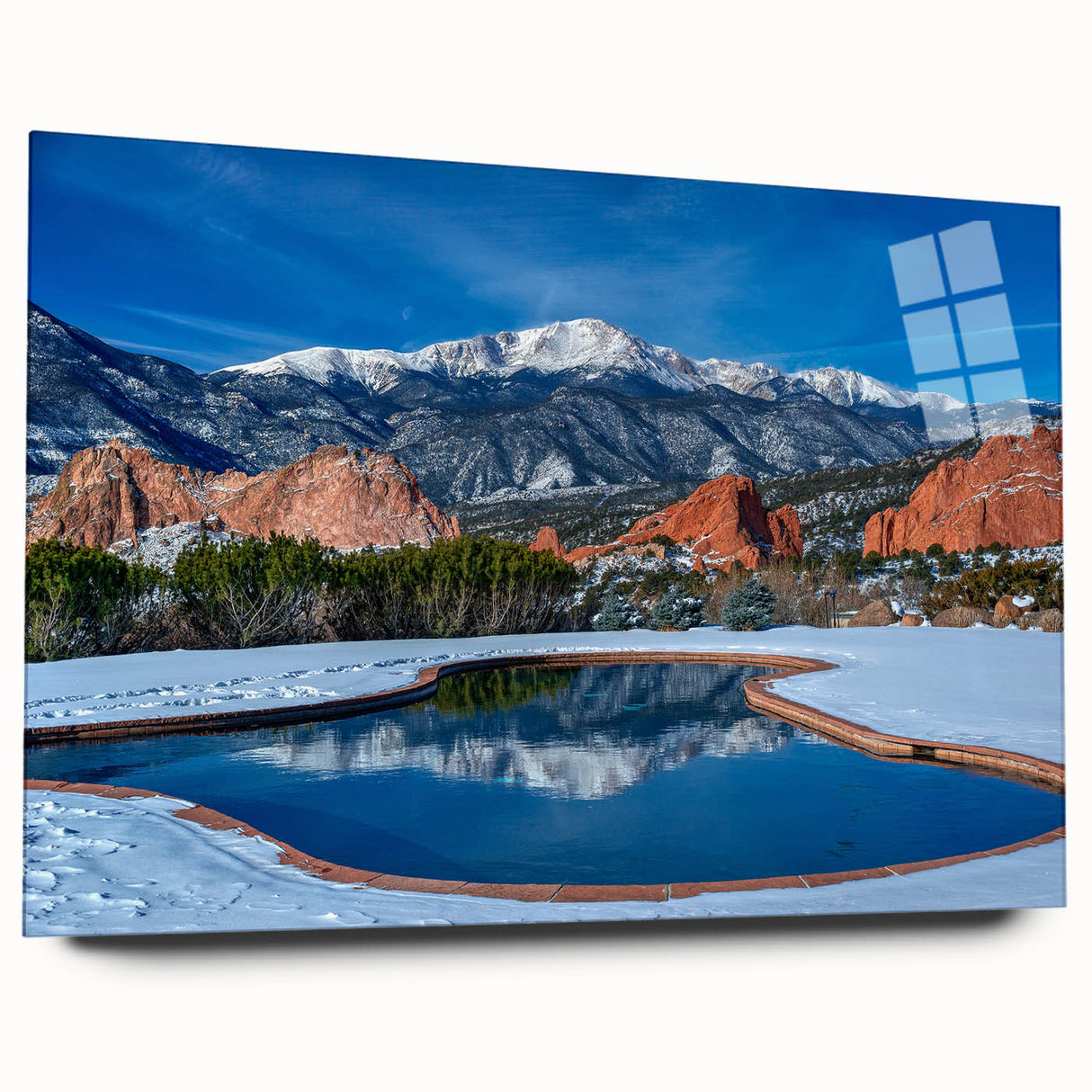Acrylic print of Colorado Springs scenery in large abstract style with blue and green tones.