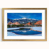 Extra large abstract art print of Colorado Springs in textured gold frame, ideal for living room decor.