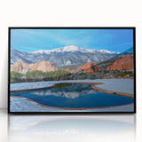 Large abstract wall art of Colorado Springs in muted earth tones on a framed acrylic, suitable for modern living room decor.