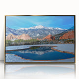 Mid-century modernist depiction of Colorado Springs in gold and beige tones on a framed acrylic.