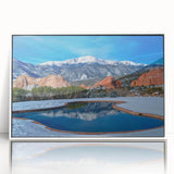 Acrylic print of Colorado Springs scenery in art deco style, framed in white, suitable for modern nursery decor.