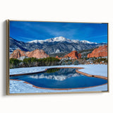 Framed canvas wall art depicting a vintage-style Colorado Springs landscape in muted gold and black tones.
