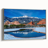 Framed canvas of a Colorado Springs landscape, featuring colorful art on a black background, ideal for living room decor.
