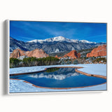 Framed canvas vintage poster art of Colorado Springs in colorful hues, ideal for living room decor.