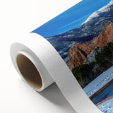 Art deco poster of Colorado Springs landscape in pastel shades on rolled canvas, ideal for nursery wall art.