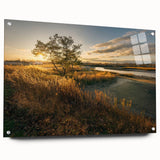 Large abstract wall art featuring a Connecticut scenery in muted blues and greens on acrylic glass.