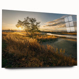 Large abstract wall art depicting a serene Connecticut landscape in muted blues and greens on acrylic glass.