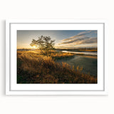 Abstract art print of Connecticut scenery in muted green and blue tones, framed with a white mat.